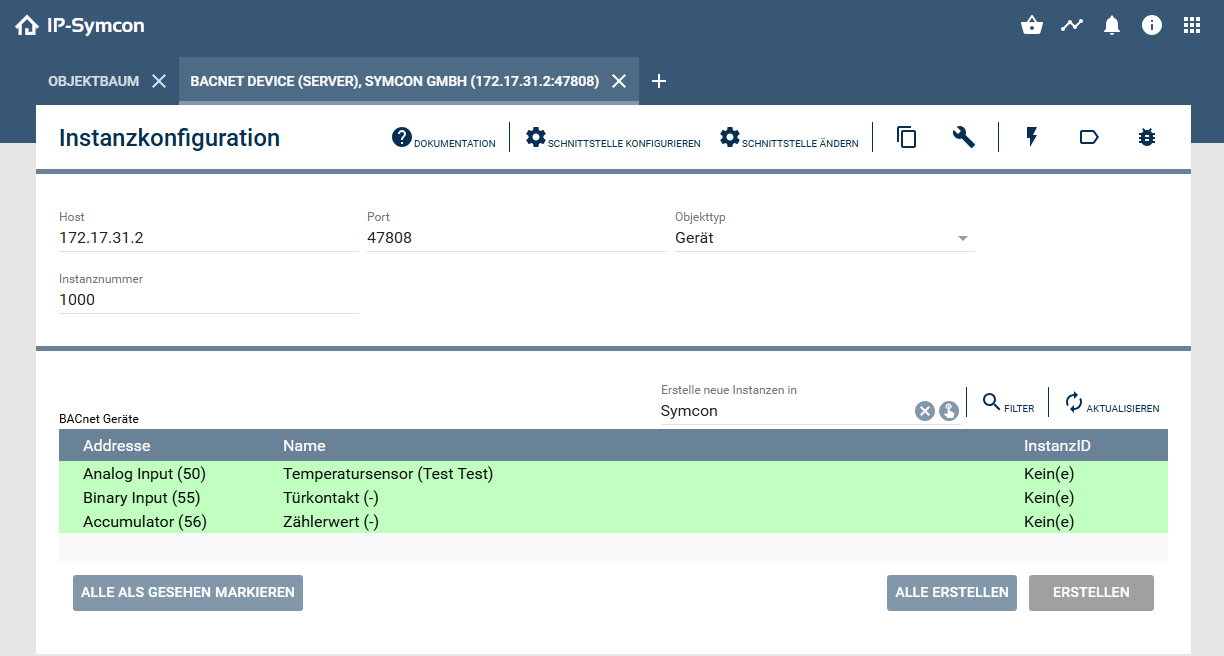 Die Übersicht der Datenpunkte in Symcon
