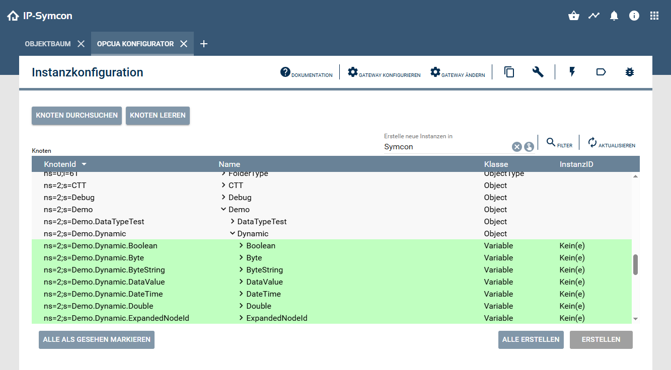 Overview of the nodes that can be created in an OPC UA client