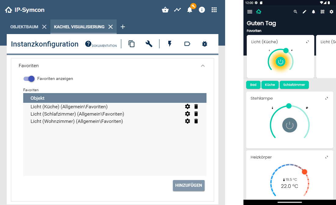 On the left a list of favorites. On the right favorites are displayed as tiles in the visualization.