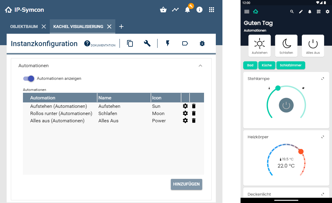 Left a list of automations. Right: Automations in the visualization on a smartphone.