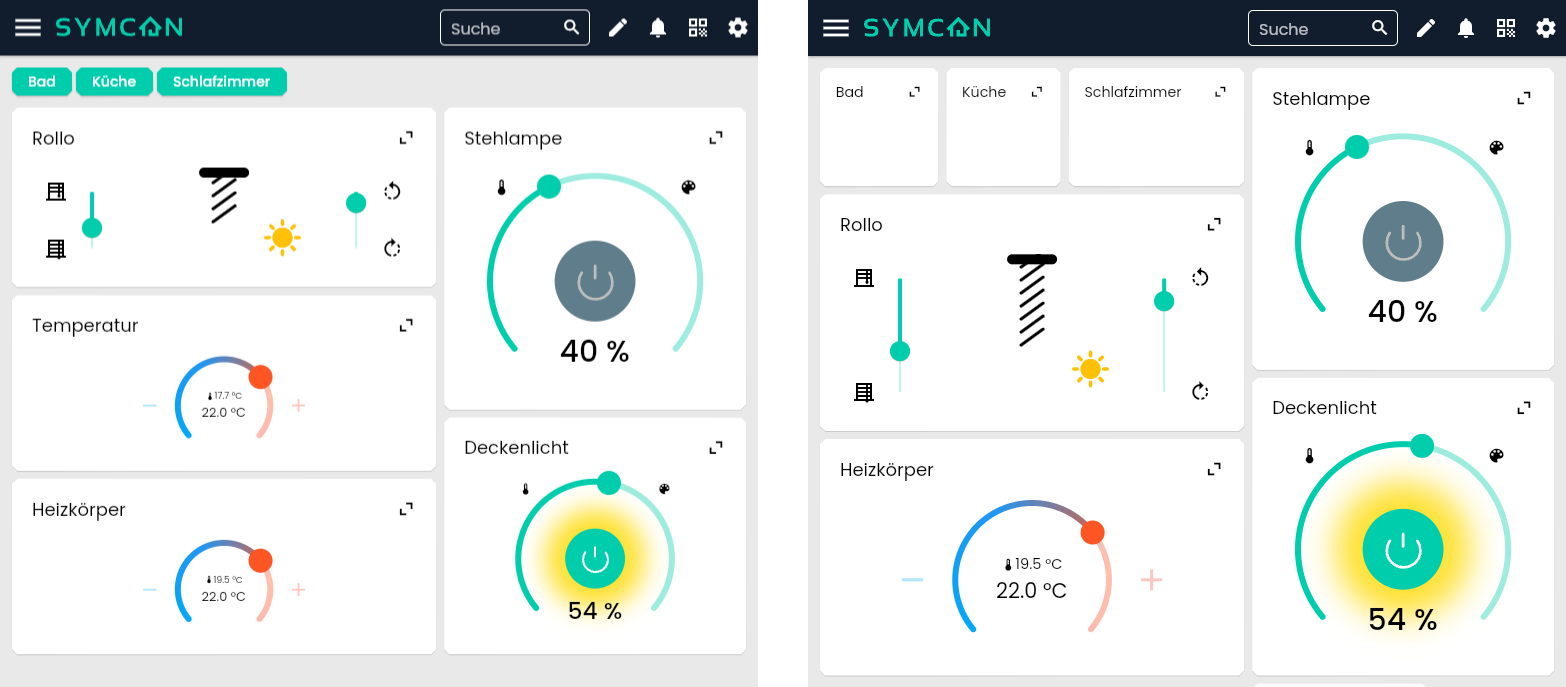 On the left, categories are displayed above all tiles. On the right, categories are displayed with all objects as tiles