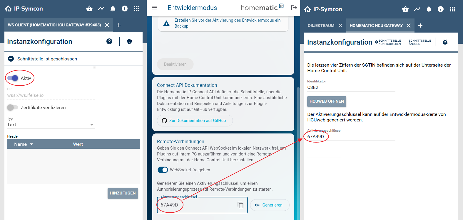 The websocket client, the developer page of HCUWeb and the HCU gateway