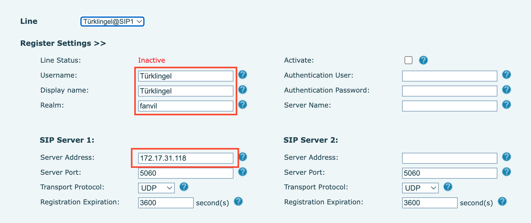 Fanvil register settings