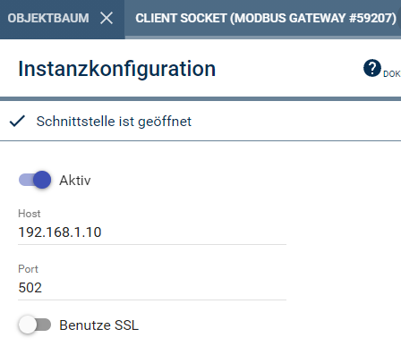 Weishaupt Client Socket Konfiguration.